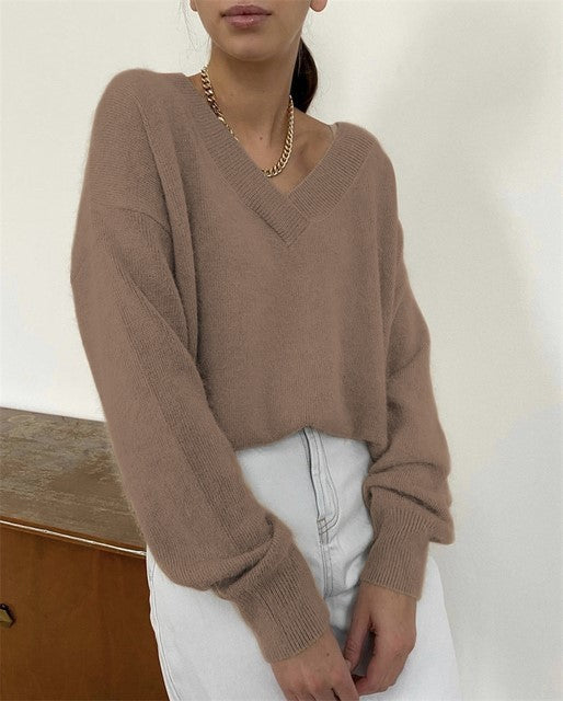 Women Soft Casual Loose Sweater Pullovers Tops Brown