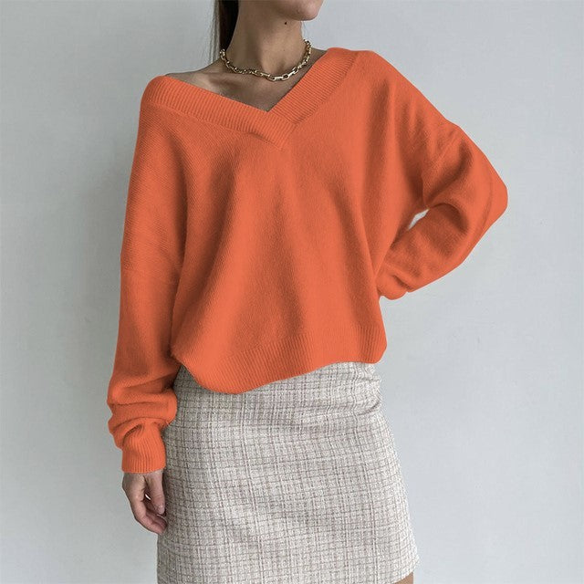 Women Soft Casual Loose Sweater Pullovers Tops Orange