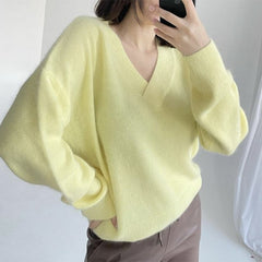 Women Soft Casual Loose Sweater Pullovers Tops Yellow