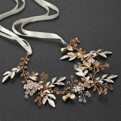 Alloy Leaves Flower Rhinestone-embedded Flexible Chain Headband Headwear