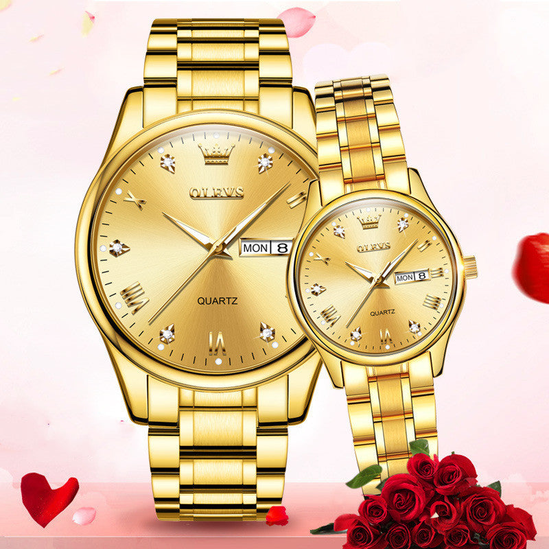 Gold Quartz Diamond Waterproof Luminous Pair Watch