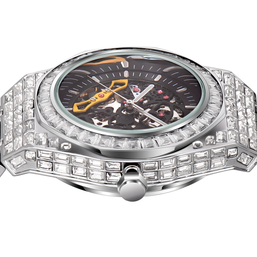 Hip Hop Full Square Diamond Luminous Hollow Mechanical Watch