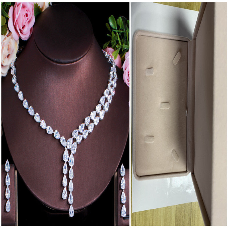 Two Tone Patchwork Teardrop Zircon Jewelry Necklace Earring Set Chain