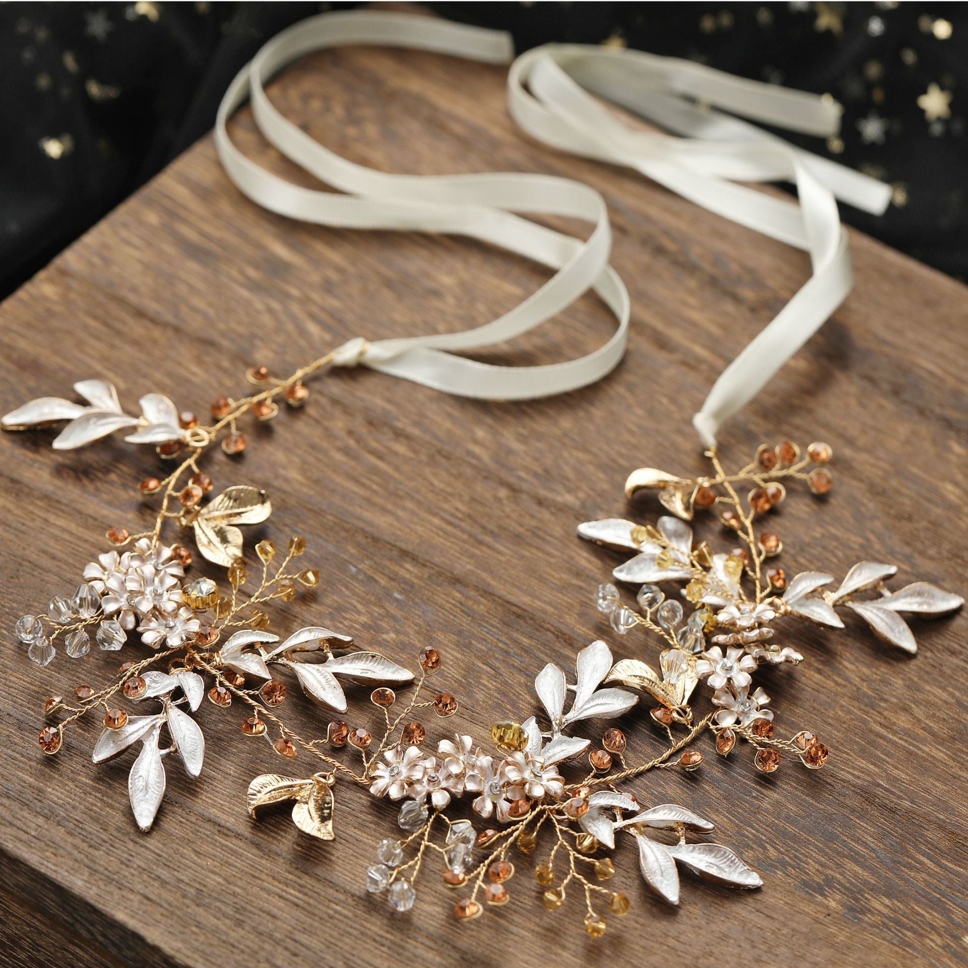 Alloy Leaves Flower Rhinestone-embedded Flexible Chain Headband Headwear