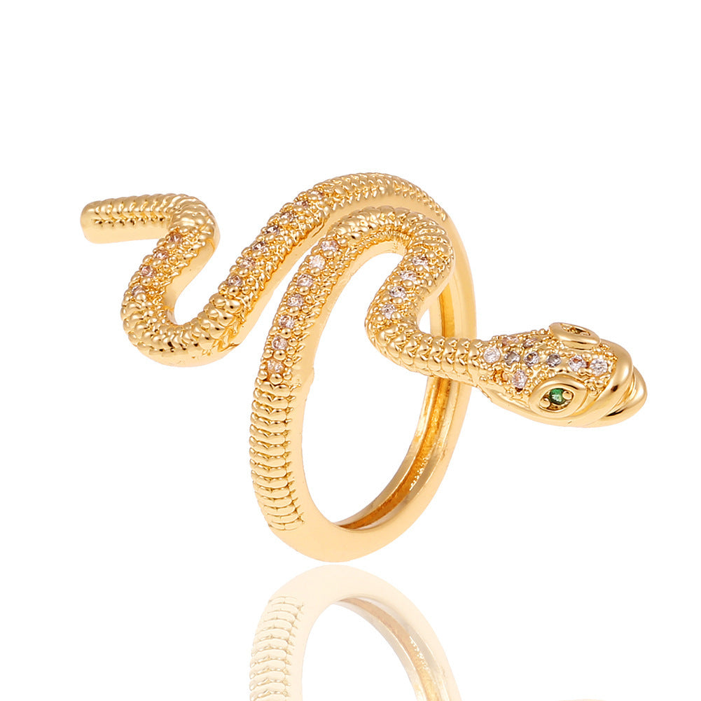 Copper Plated Genuine Gold Snake Shaped Diamond Ring With Adjustable