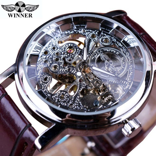 Men's Mechanical Watch Fashion Casual Retro Roman Style Hollow-out Watch