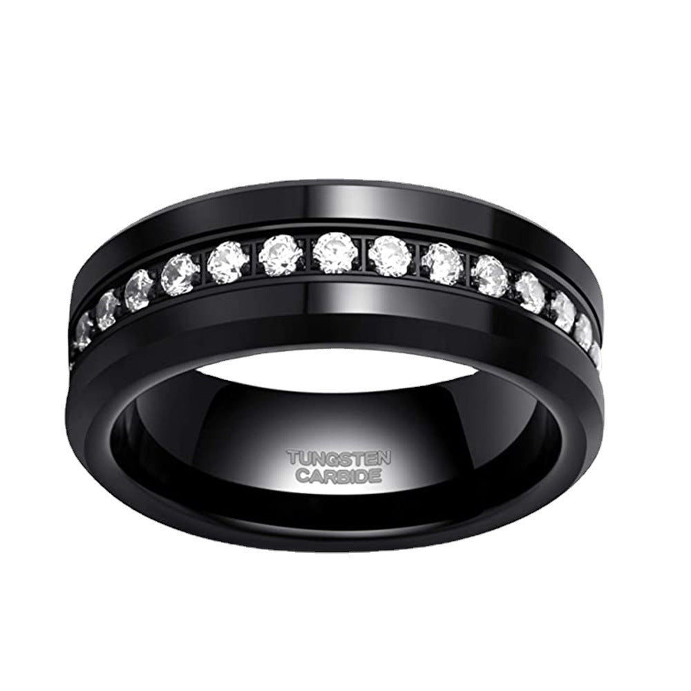 Single Row Diamond-embedded Slope Edge Unisex Silver Tungsten Ring