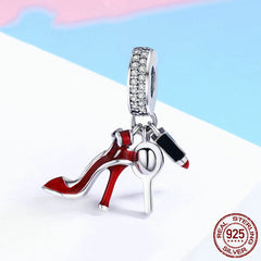 S925 Sterling Silver Red Lipstick High Heel Shoes Makeup Mirror Pendant