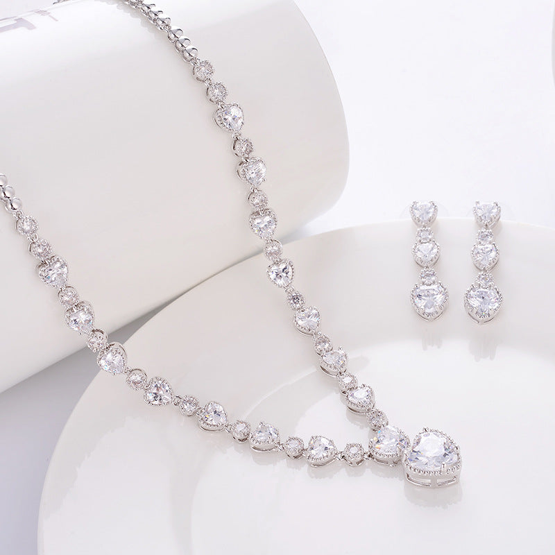 Silver Needle Zircon Bridal Jewelry Set Hollow Heart-shaped Earrings Necklace