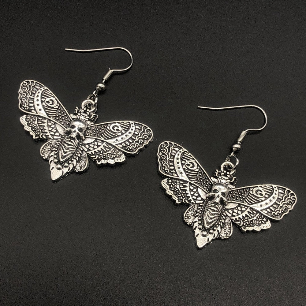 Gothic Silver Skull Butterfly Earrings