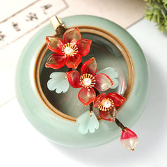 Red Female Antique Crystal Flower Hairpin Hanfu Ancient Costume Accessories