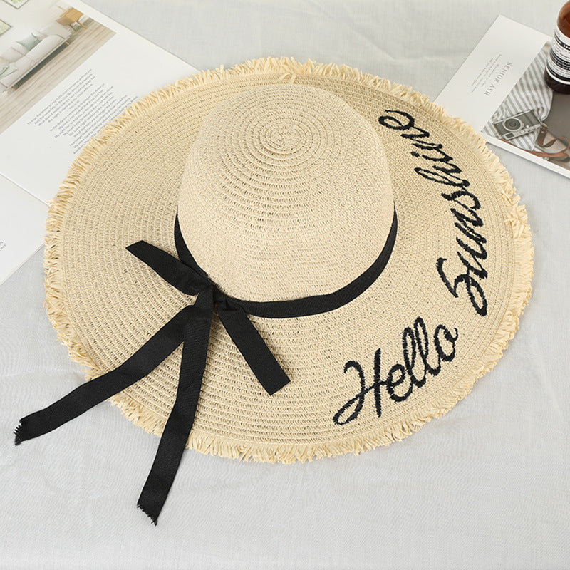 Women Lace Up Large Brim Straw Hat Beach Caps