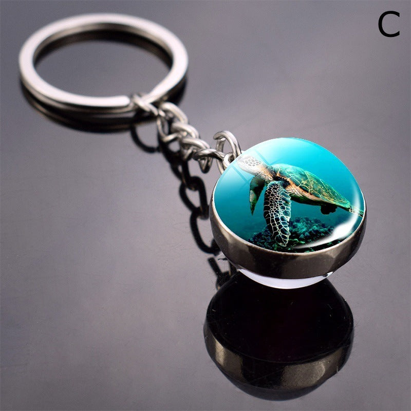 Turtle Shell Starfish Funny Animal Glass Ball Key Ring