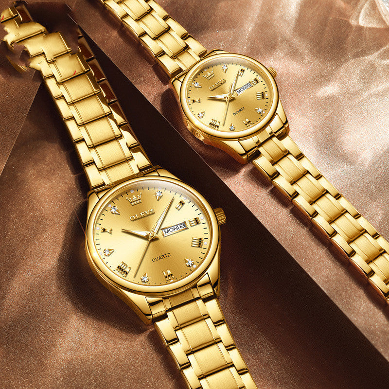 Gold Quartz Diamond Waterproof Luminous Pair Watch