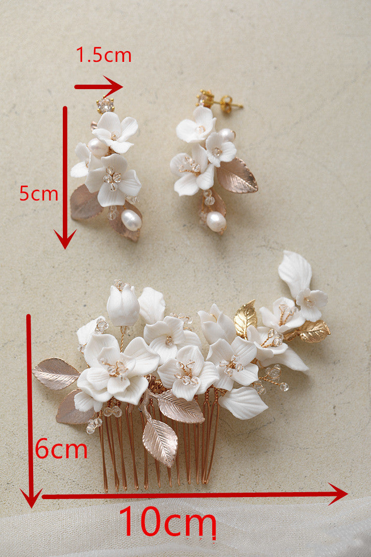 Porcelain Hair Comb Earring Set White Flowers