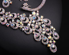 European And American Diamond Color Gem Peacock Necklace And Earrings Suite