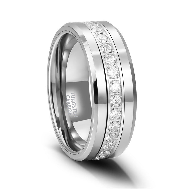 Single Row Diamond-embedded Slope Edge Unisex Silver Tungsten Ring