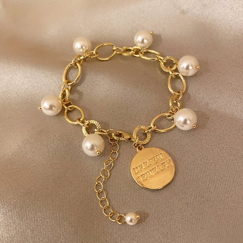 Retro Style Geometric Letters Round Brand Pearl Bracelet