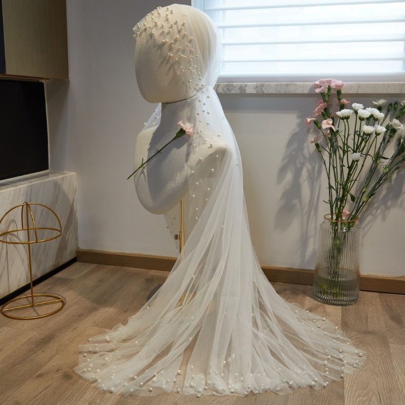 Super Fairy Long Pearl Veil Main Wedding Dress