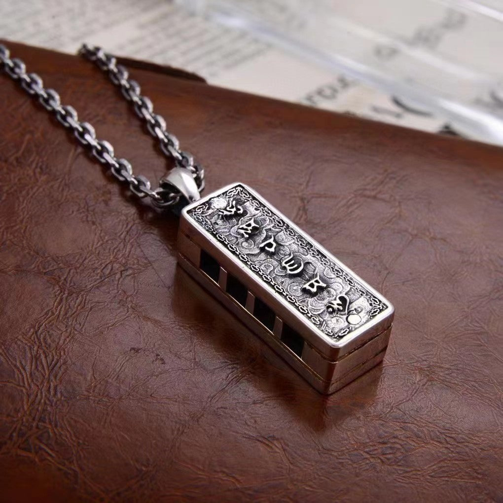 Silver Harmonica Pendant Can Sound The Six-character Mantra Necklace Of Trendy Men