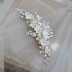 White Ceramic Flower Bridal Hair Comb Shell