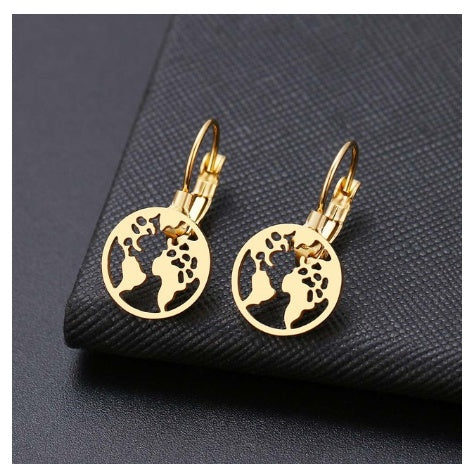 Stainless Steel Accessories Full Polished Laser Cut World Map Earrings Women