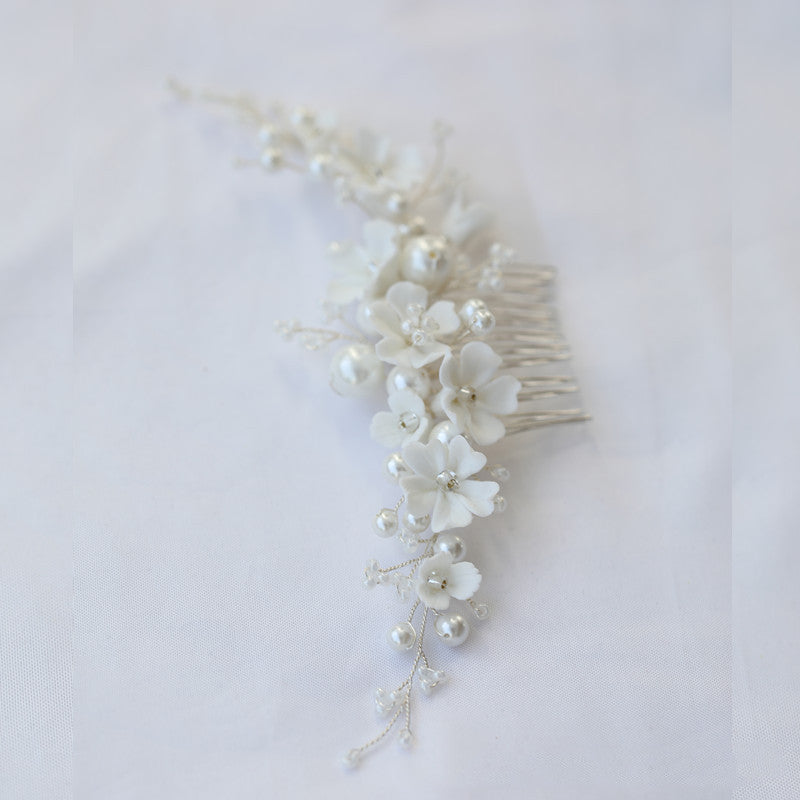 White Ceramic Flower Bridal Hair Comb Shell