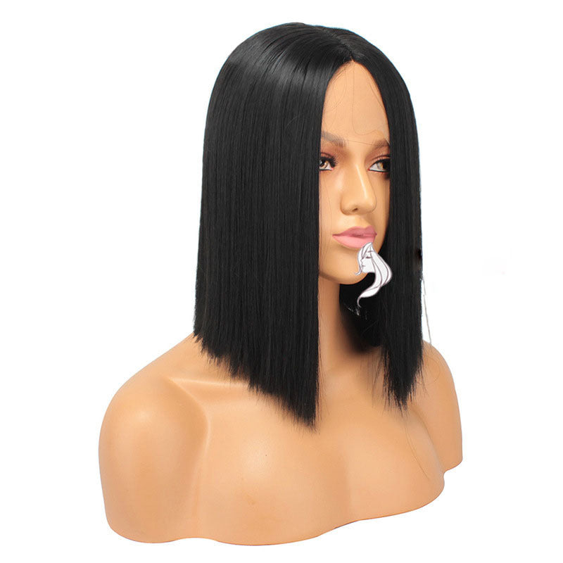 Ladies Black Short Straight Hair Front Lace Chemical Fiber