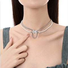 Women's Square Diamond Pearl Double-layer Necklace