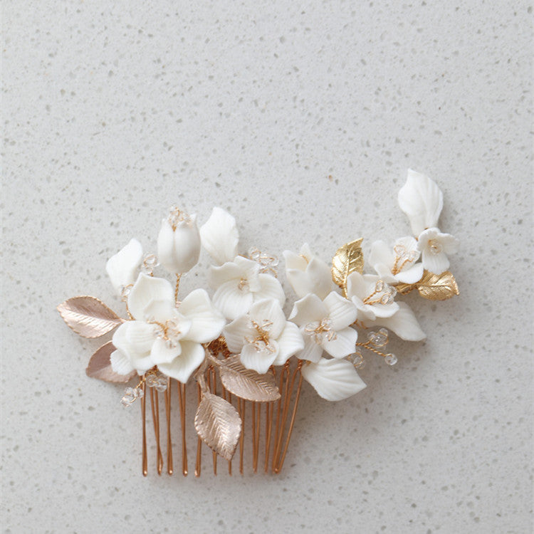 Porcelain Hair Comb Earring Set White Flowers