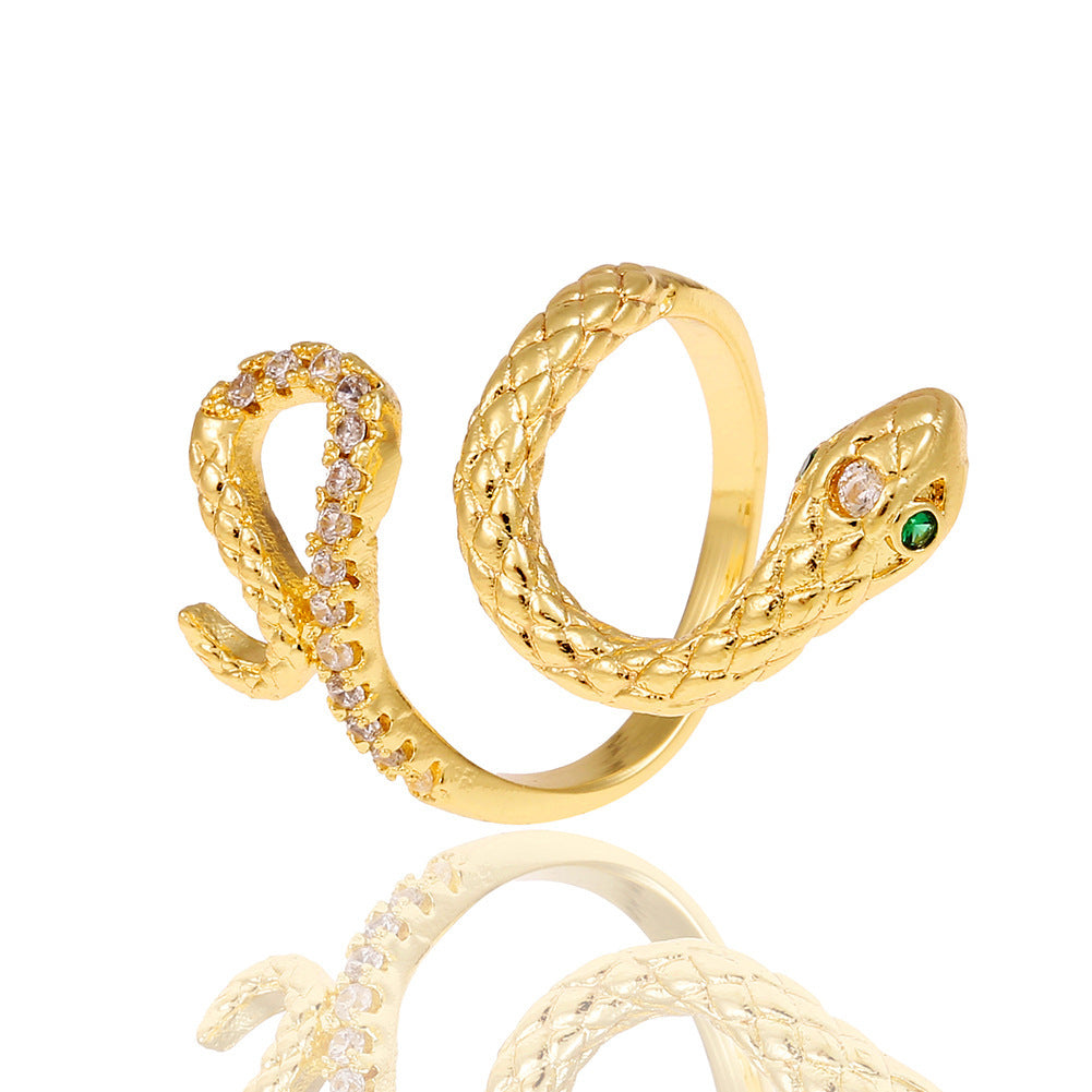 Copper Plated Genuine Gold Snake Shaped Diamond Ring With Adjustable