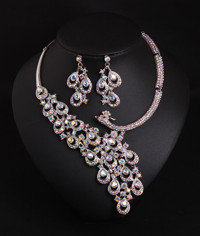 European And American Diamond Color Gem Peacock Necklace And Earrings Suite