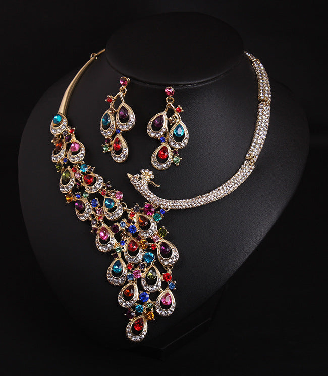 European And American Diamond Color Gem Peacock Necklace And Earrings Suite