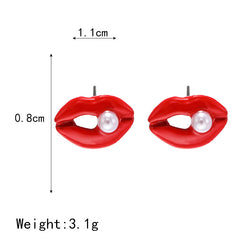 Korean Fashion Jewelry Female Red Lips Inlaid Pearl Big Mouth Earrings