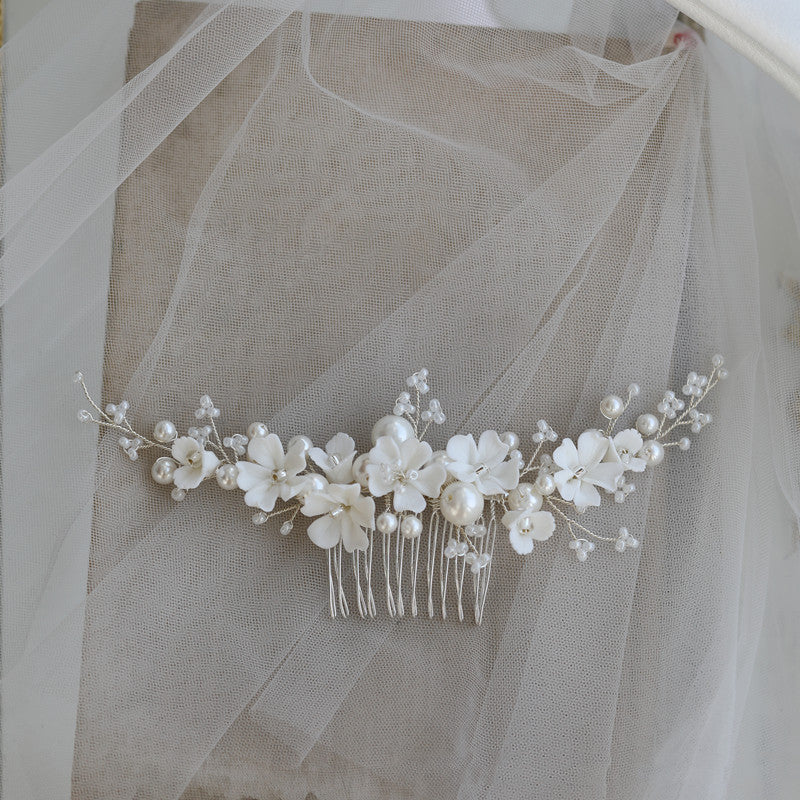 White Ceramic Flower Bridal Hair Comb Shell