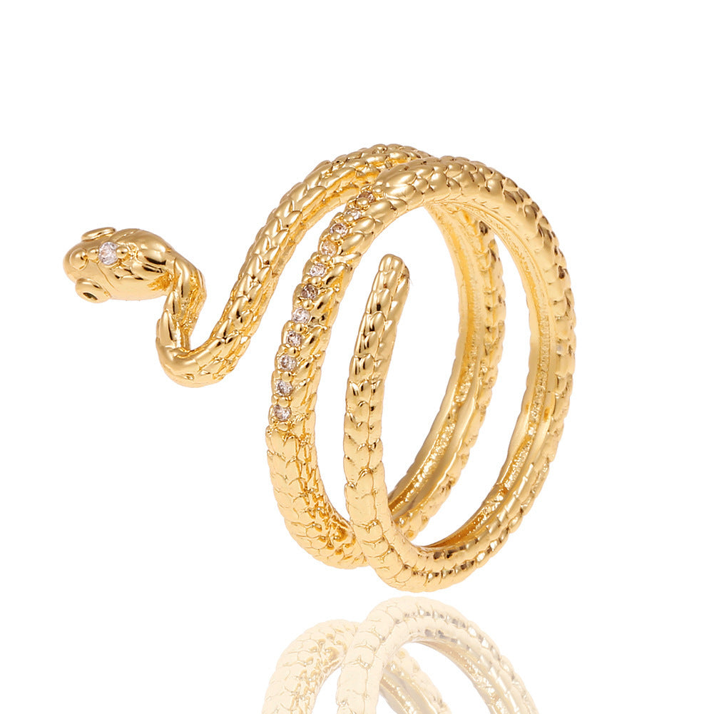 Copper Plated Genuine Gold Snake Shaped Diamond Ring With Adjustable