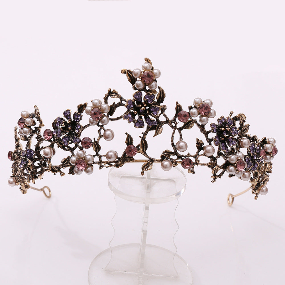 Floral Paved Black Diamond Pearl Baroque Bridal Tiara